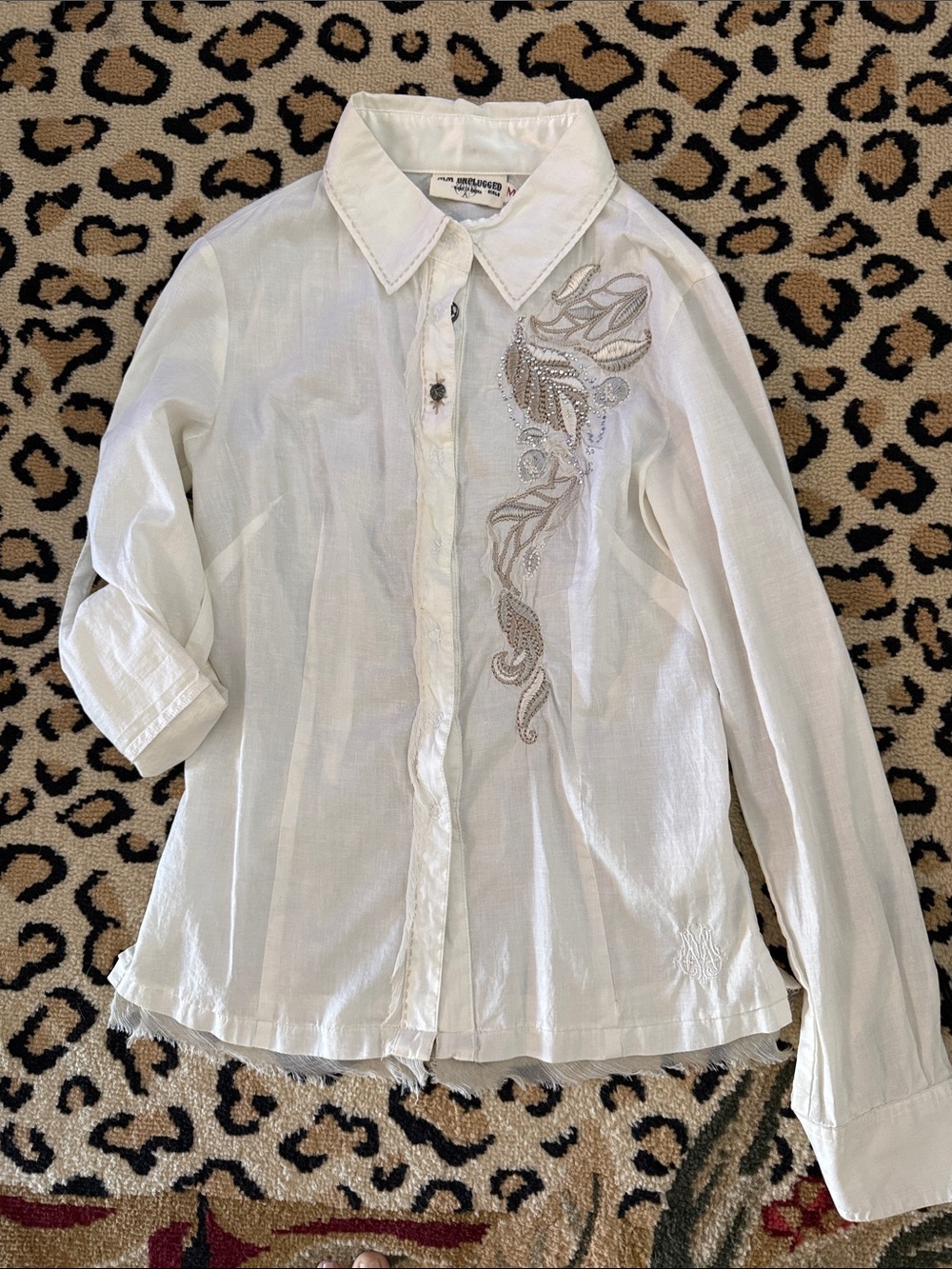 Miss Me White Embroidered Button-Down Shirt with Silver Accents